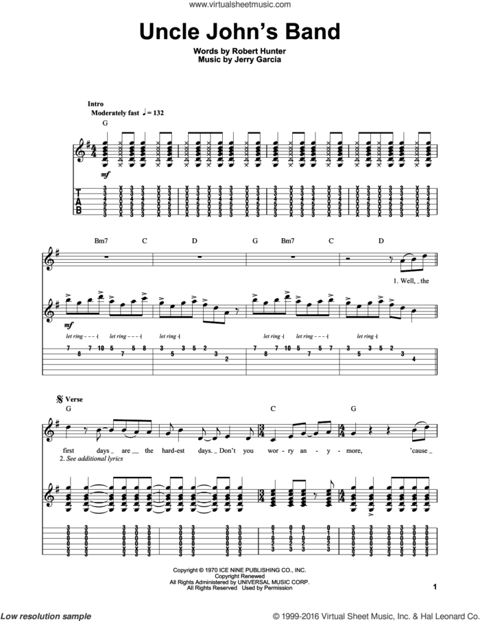 Uncle John's Band sheet music for guitar (tablature, play-along) by Grateful Dead, Jerry Garcia and Robert Hunter, intermediate skill level