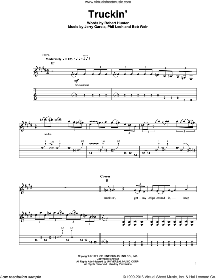Truckin' sheet music for guitar (tablature, play-along) by Grateful Dead, Bob Weir, Jerry Garcia, Phil Lesh and Robert Hunter, intermediate skill level