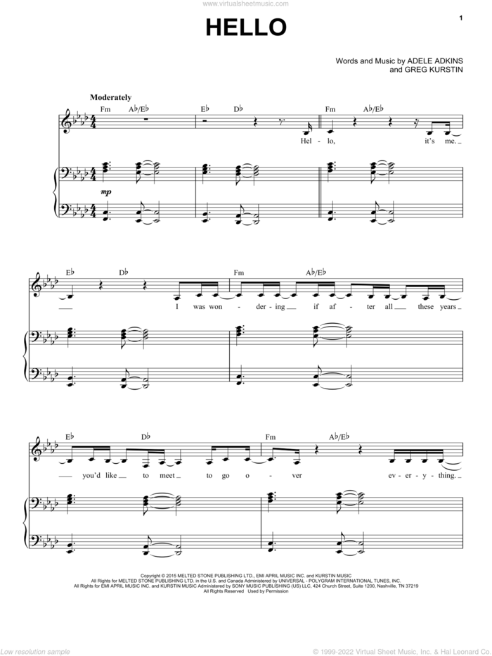 Hello sheet music for voice and piano by Adele, Adele Adkins and Greg Kurstin, intermediate skill level