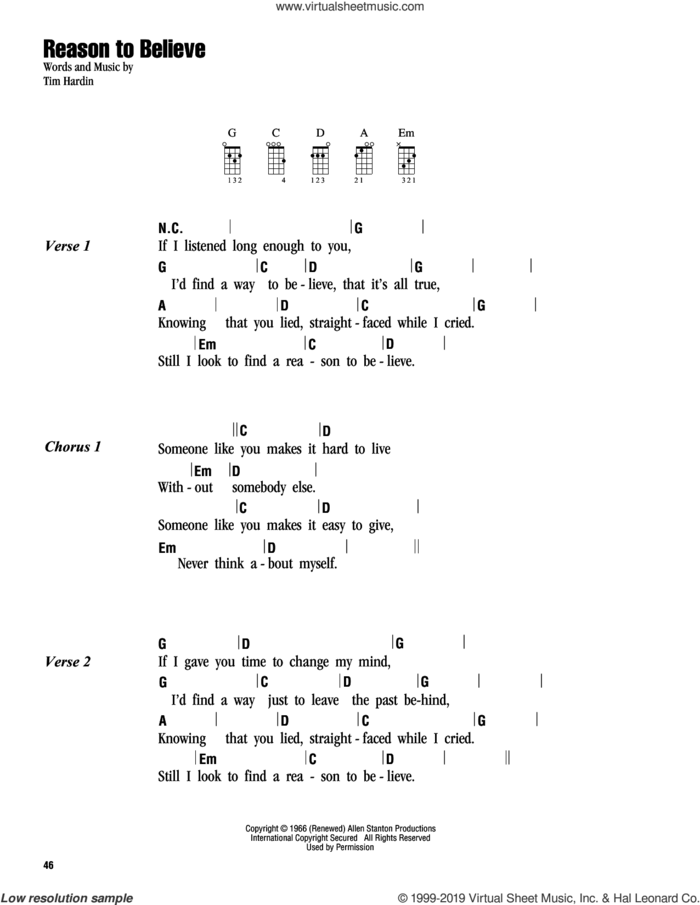 Reason To Believe sheet music for ukulele (chords) by Rod Stewart and Tim Hardin, intermediate skill level