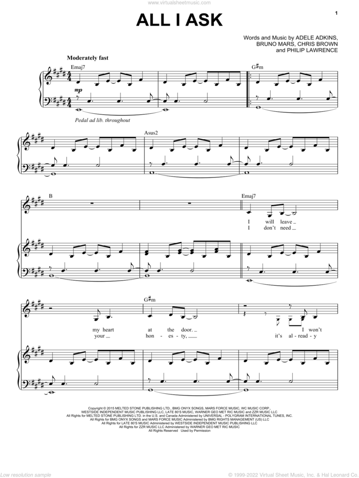All I Ask sheet music for voice and piano by Adele, Adele Adkins, Bruno Mars, Chris Brown and Philip Lawrence, intermediate skill level