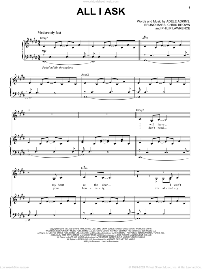 All I Ask sheet music for voice and piano by Adele, Adele Adkins, Bruno Mars, Chris Brown and Philip Lawrence, intermediate skill level