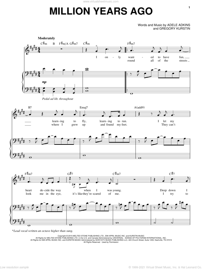 Million Years Ago sheet music for voice and piano by Adele, Adele Adkins and Gregory Kurstin, intermediate skill level