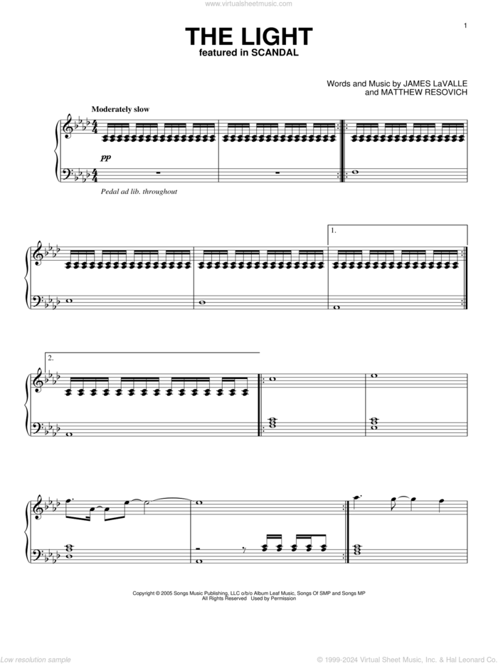 The Light sheet music for piano solo by The Album Leaf, James LaValle and Matthew Resovich, intermediate skill level