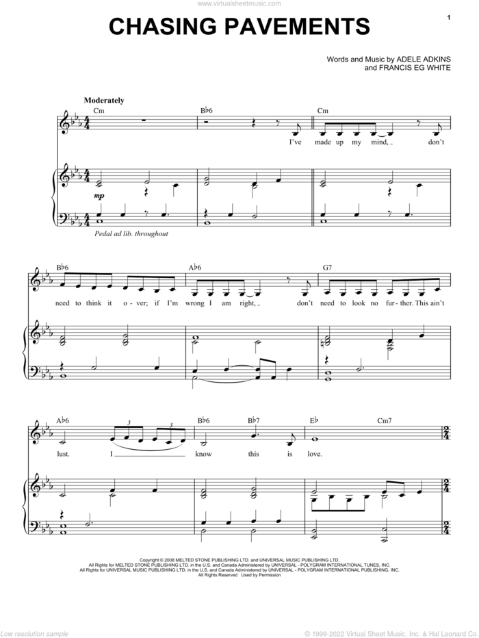 Chasing Pavements sheet music for voice and piano by Adele, Adele Adkins and Francis White, intermediate skill level