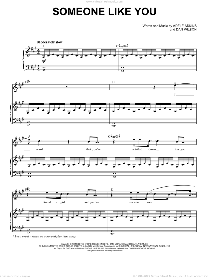 Someone Like You sheet music for voice and piano by Adele, Adele Adkins and Dan Wilson, intermediate skill level