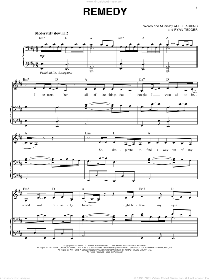 Remedy sheet music for voice and piano by Adele, Adele Adkins and Ryan Tedder, intermediate skill level