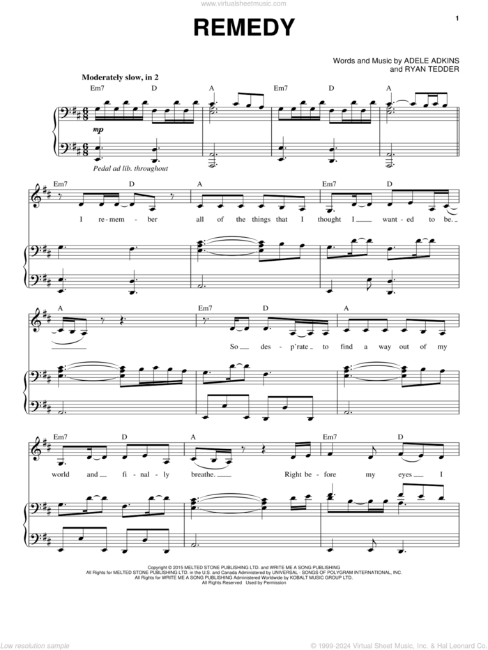 Remedy sheet music for voice and piano by Adele, Adele Adkins and Ryan Tedder, intermediate skill level