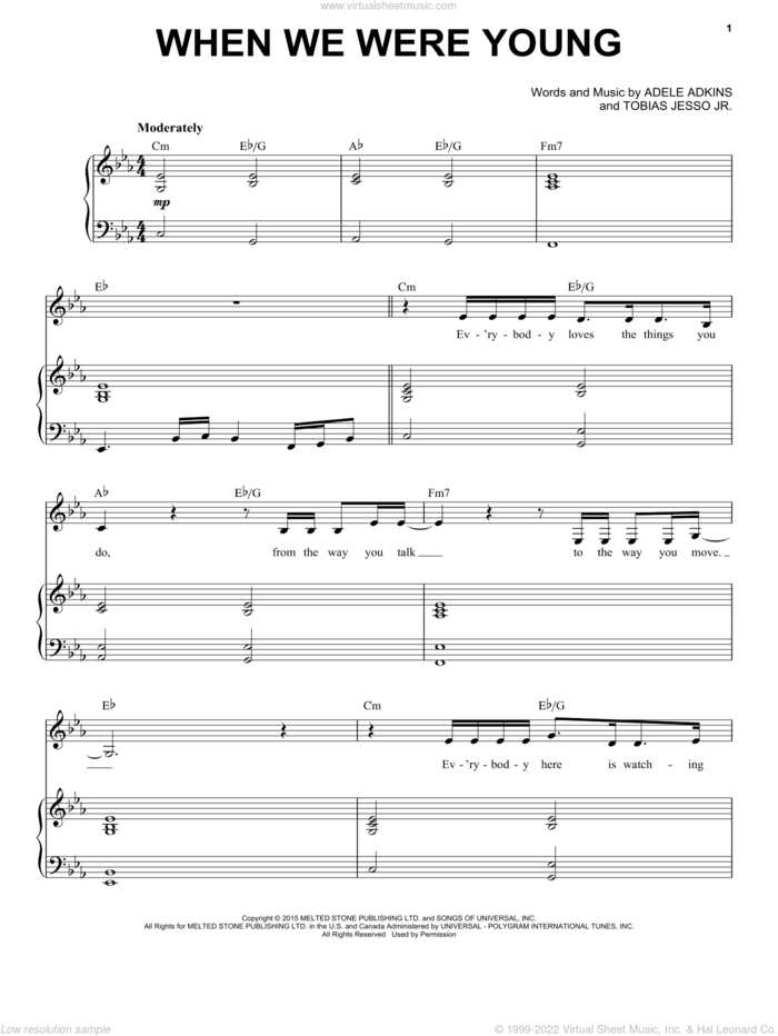 When We Were Young sheet music for voice and piano by Adele, Adele Adkins and Tobias Jesso Jr., intermediate skill level