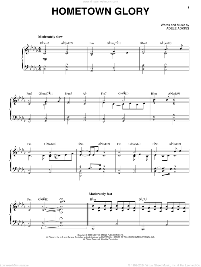 Hometown Glory sheet music for voice and piano by Adele and Adele Adkins, intermediate skill level