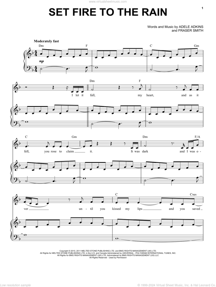 Set Fire To The Rain sheet music for voice and piano by Adele, Adele Adkins and Fraser T. Smith, intermediate skill level