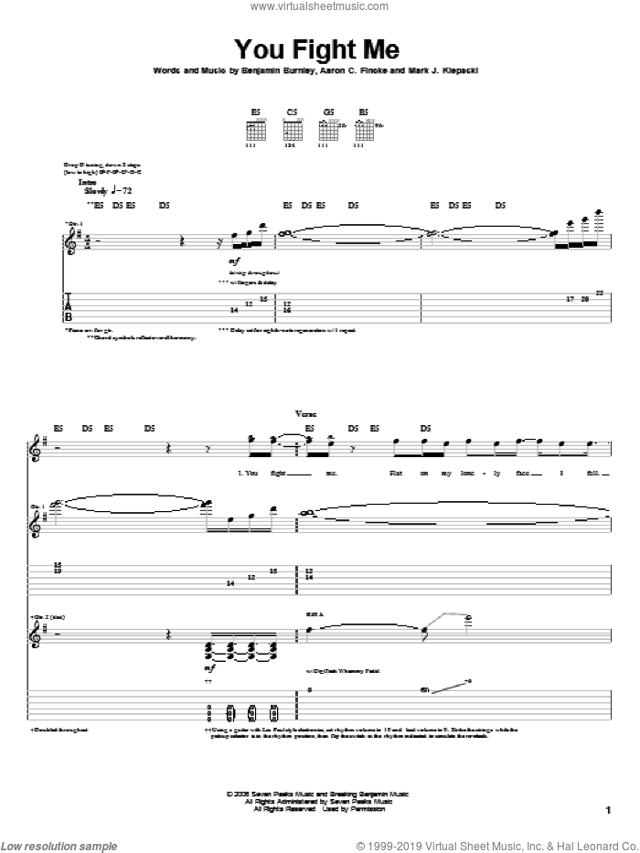 You Fight Me sheet music for guitar (tablature) by Breaking Benjamin, Aaron C. Fincke, Benjamin Burnley and Mark J. Klepaski, intermediate skill level