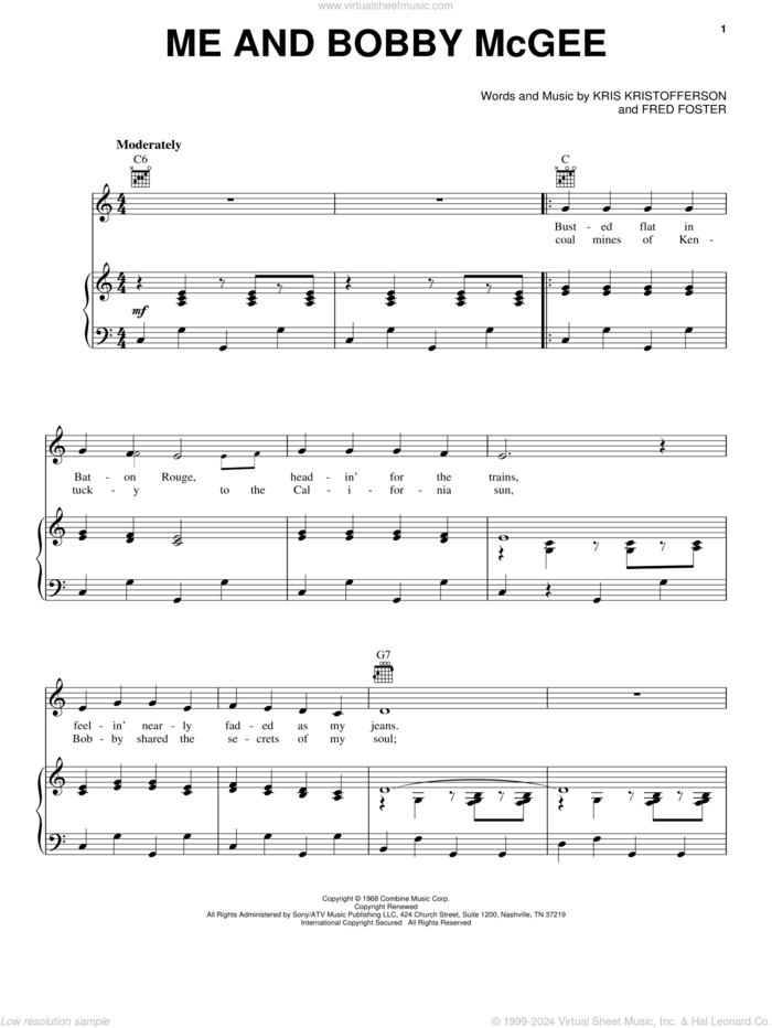 Me And Bobby McGee sheet music for voice, piano or guitar by Janis Joplin, Roger Miller, Fred Foster and Kris Kristofferson, intermediate skill level