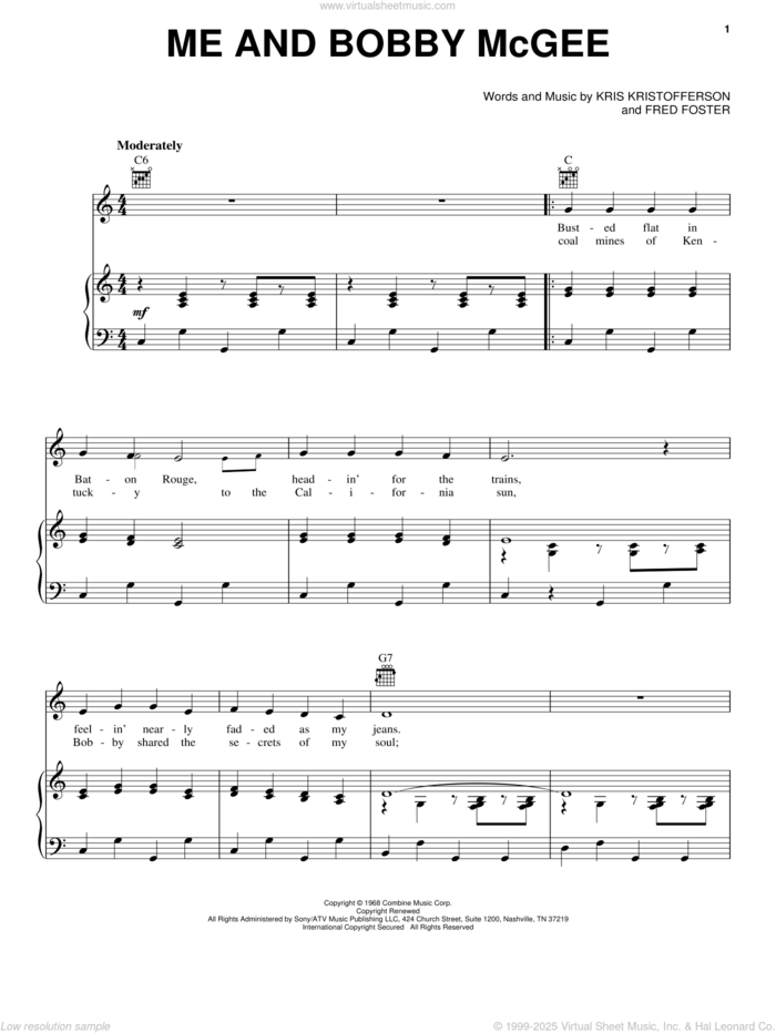 Me And Bobby McGee sheet music for voice, piano or guitar by Janis Joplin, Roger Miller, Fred Foster and Kris Kristofferson, intermediate skill level