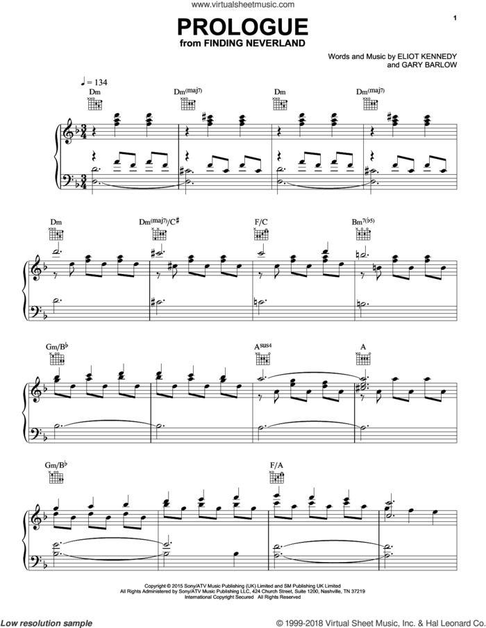 Prologue sheet music for piano solo by Gary Barlow & Eliot Kennedy, ELIOT KENNEDY and Gary Barlow, intermediate skill level