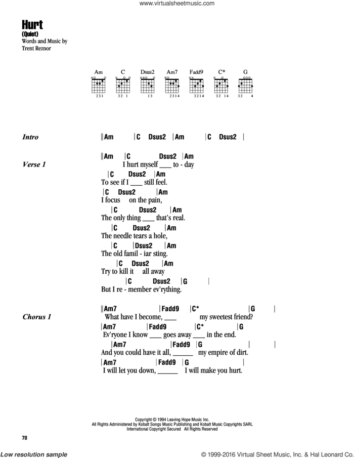 Hurt (Quiet) sheet music for guitar (chords) by Johnny Cash, Nine Inch Nails and Trent Reznor, intermediate skill level