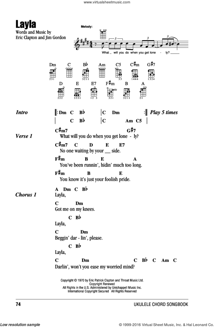 Layla sheet music for ukulele (chords) by Derek And The Dominos, Eric Clapton and Jim Gordon, intermediate skill level