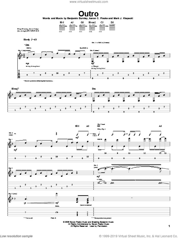 Outro sheet music for guitar (tablature) by Breaking Benjamin, Aaron C. Fincke, Benjamin Burnley and Mark J. Klepaski, intermediate skill level