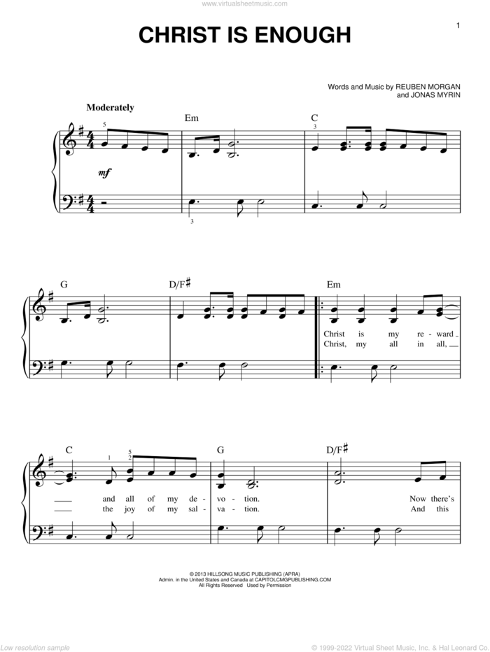 Christ Is Enough sheet music for piano solo by Hillsong Live, Jonas Myrin and Reuben Morgan, easy skill level