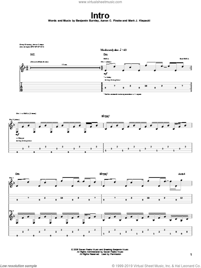 Intro sheet music for guitar (tablature) by Breaking Benjamin, Aaron C. Fincke, Benjamin Burnley and Mark J. Klepaski, intermediate skill level