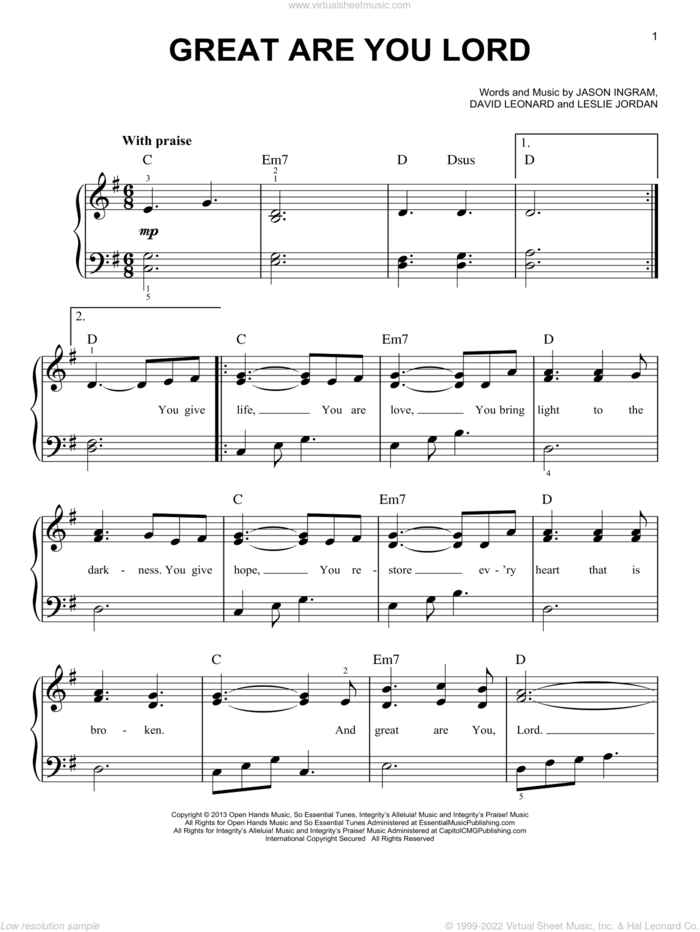 Great Are You Lord, (easy) sheet music for piano solo by All Sons & Daughters, David Leonard, Jason Ingram and Leslie Jordan, easy skill level