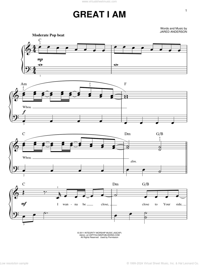 Great I Am sheet music for piano solo by Jared Anderson and Phillips, Craig & Dean, easy skill level