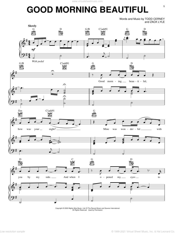 Good Morning Beautiful sheet music for voice, piano or guitar by Steve Holy, Todd Cerney and Zack Lyle, intermediate skill level