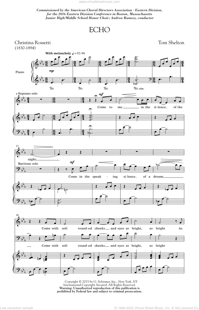 Echo sheet music for choir (SATB: soprano, alto, tenor, bass) by Tom Shelton Jr. and Christina Rossetti, intermediate skill level
