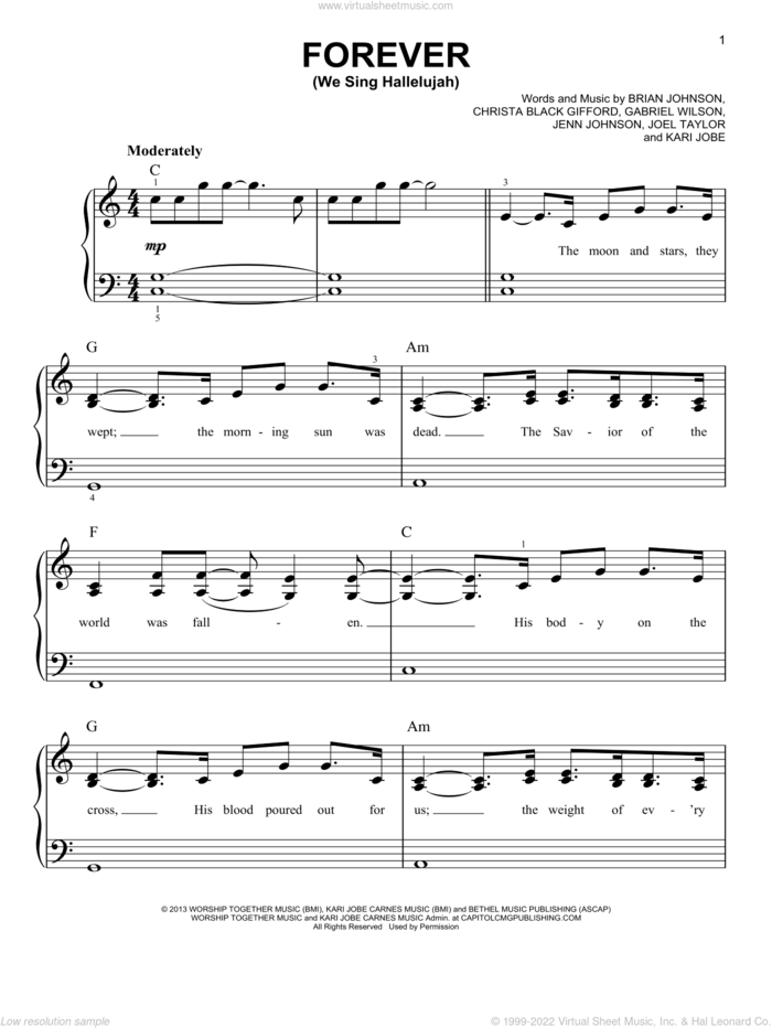 Forever (We Sing Hallelujah) sheet music for piano solo by Kari Jobe, Brian Johnson, Christa Black Gifford, Gabriel Wilson, Jenn Johnson and Joel Taylor, easy skill level
