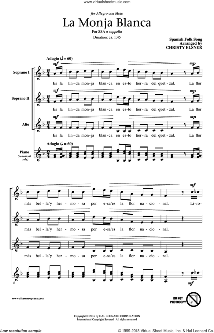 La Monja Blanca sheet music for choir (SSA: soprano, alto) by Christy Elsner and Spanish Folk Song, intermediate skill level