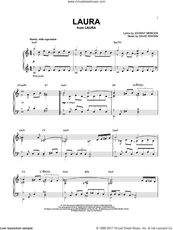 Laura [Jazz version] (arr. Brent Edstrom) sheet music for piano solo by Johnny Mercer and David Raksin, intermediate skill level
