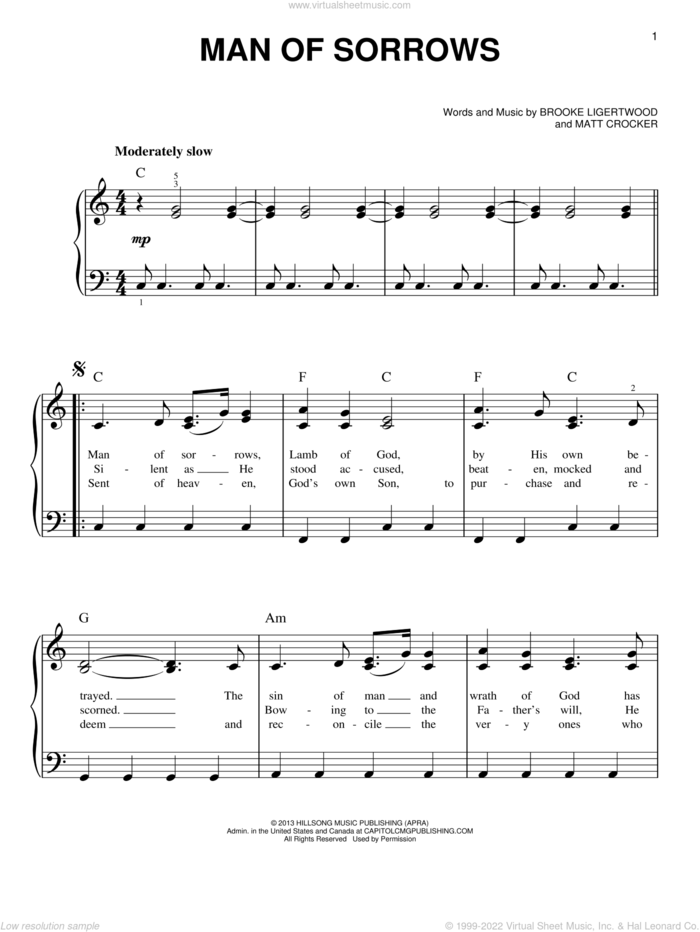 Man Of Sorrows sheet music for piano solo by Hillsong Live, Brooke Ligertwood and Matt Crocker, easy skill level