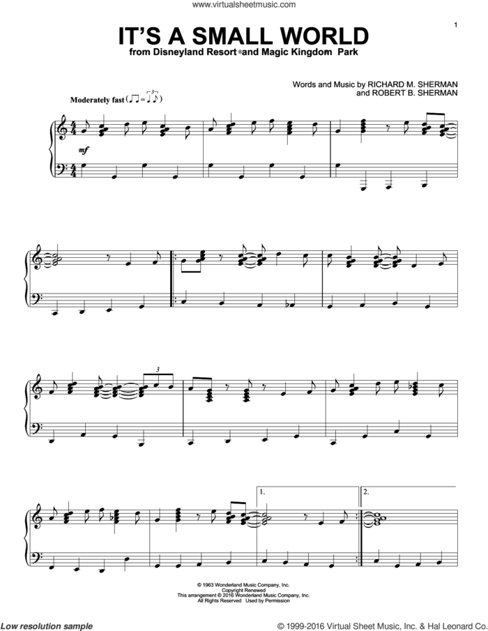 It's A Small World [Jazz version] sheet music for piano solo by Richard & Robert Sherman, Sherman Brothers, Richard M. Sherman and Robert B. Sherman, intermediate skill level