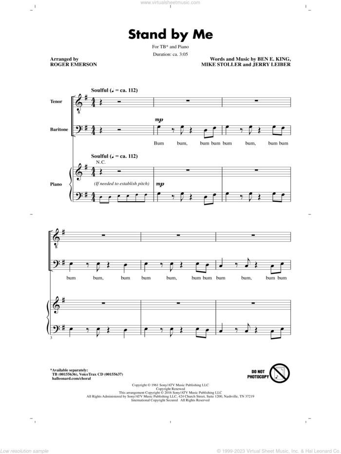 Stand By Me (Arr. Roger Emerson) sheet music for choir (TB: tenor, bass) by Mike Stoller, Roger Emerson, Mickey Gilley, Ben E. King and Jerry Leiber, intermediate skill level