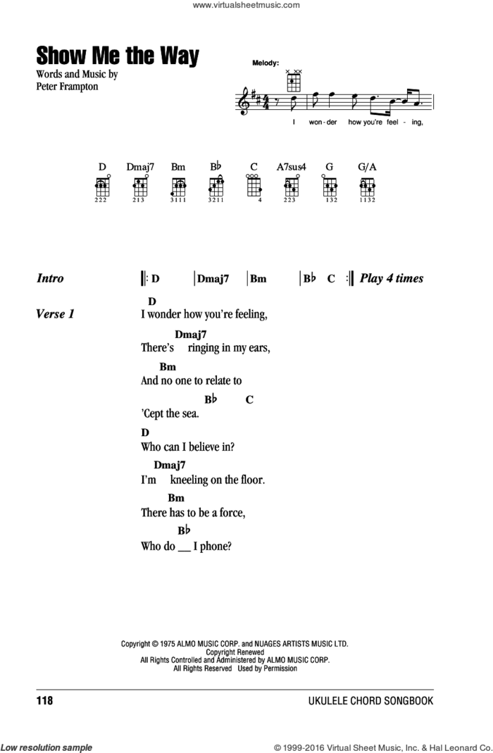 Show Me The Way sheet music for ukulele (chords) by Peter Frampton, intermediate skill level
