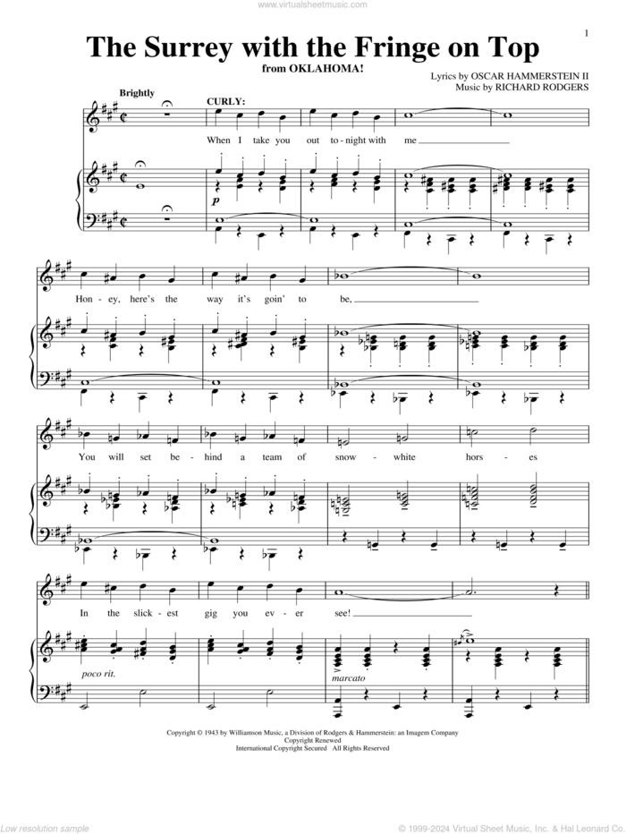 The Surrey With The Fringe On Top (from Oklahoma!) sheet music for voice and piano by Rodgers & Hammerstein, Oscar II Hammerstein and Richard Rodgers, intermediate skill level