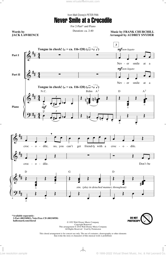 Never Smile At A Crocodile sheet music for choir (2-Part) by Jack Lawrence, Audrey Snyder and Frank Churchill, intermediate duet