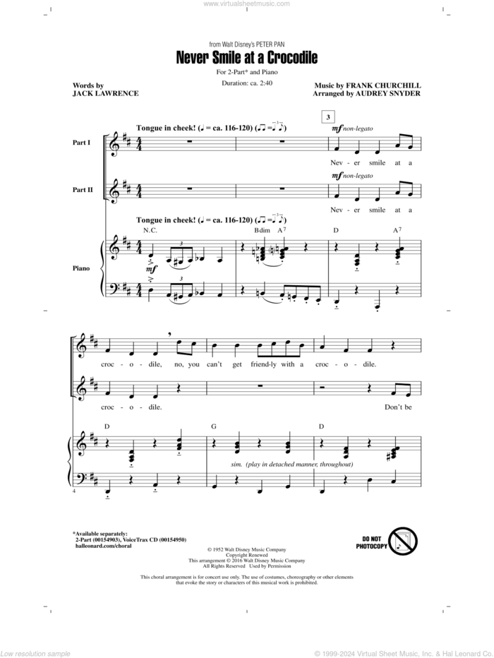 Never Smile At A Crocodile sheet music for choir (2-Part) by Jack Lawrence, Audrey Snyder and Frank Churchill, intermediate duet