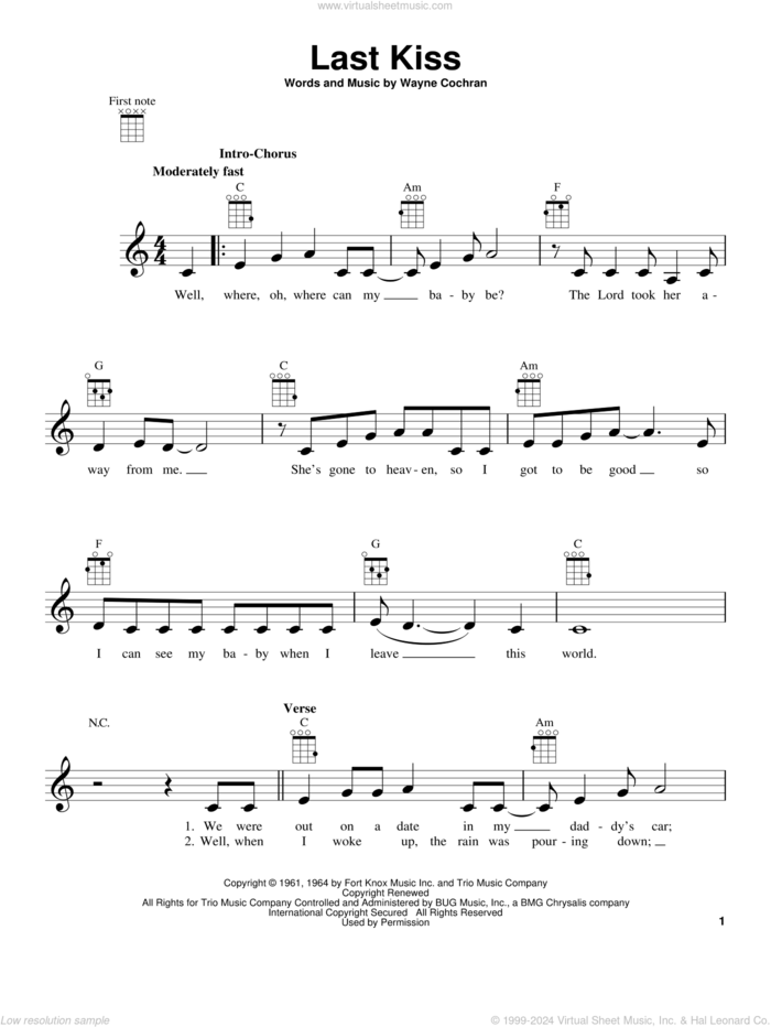 Last Kiss sheet music for ukulele by Wayne Cochran, J. Frank Wilson and Pearl Jam, intermediate skill level