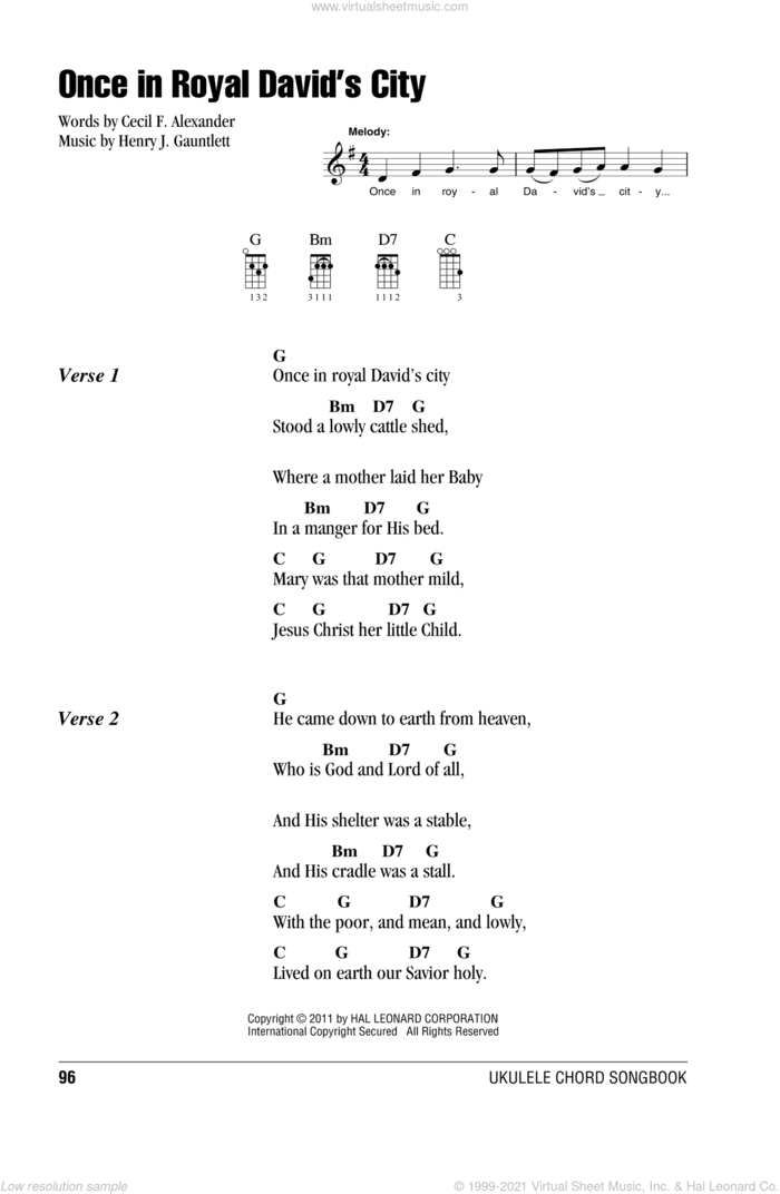 Once In Royal David's City sheet music for ukulele (chords) by Henry Gauntlett and Cecil Alexander, intermediate skill level
