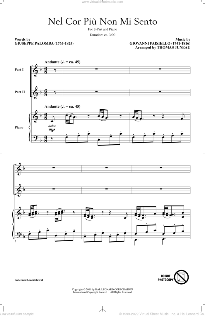 Nel Cor Piu Non Mi Sento sheet music for choir (2-Part) by Giovanni Paisiello, Thomas Juneau and Giuseppe Palomba, intermediate duet