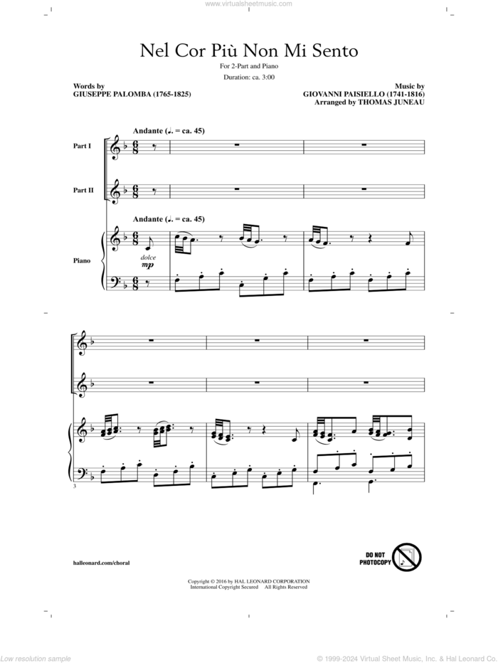 Nel Cor Piu Non Mi Sento sheet music for choir (2-Part) by Giovanni Paisiello, Thomas Juneau and Giuseppe Palomba, intermediate duet