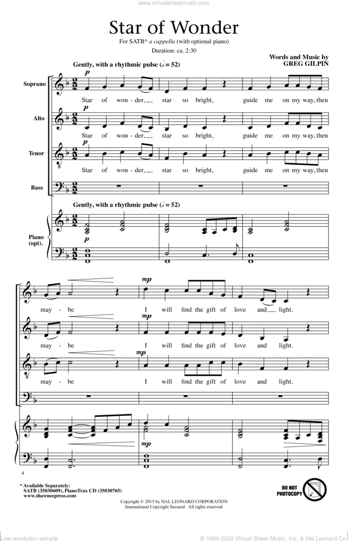 Star Of Wonder sheet music for choir (SATB: soprano, alto, tenor, bass) by Greg Gilpin, intermediate skill level