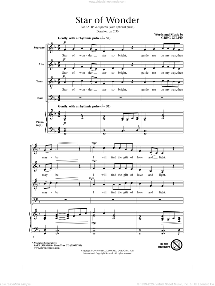 Star Of Wonder sheet music for choir (SATB: soprano, alto, tenor, bass) by Greg Gilpin, intermediate skill level