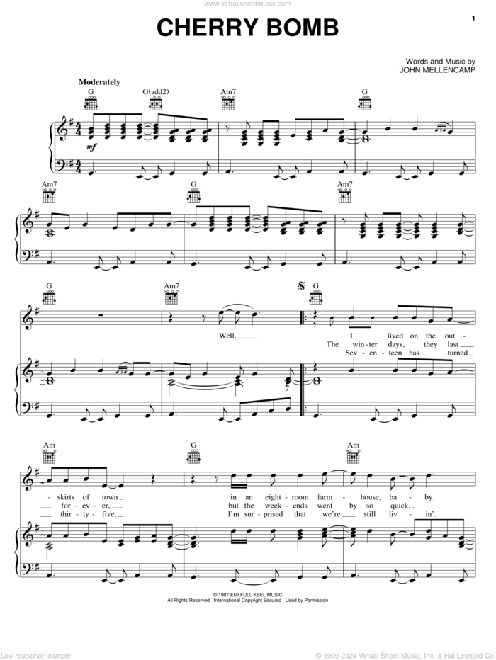 Cherry Bomb sheet music for voice, piano or guitar by John Mellencamp, intermediate skill level