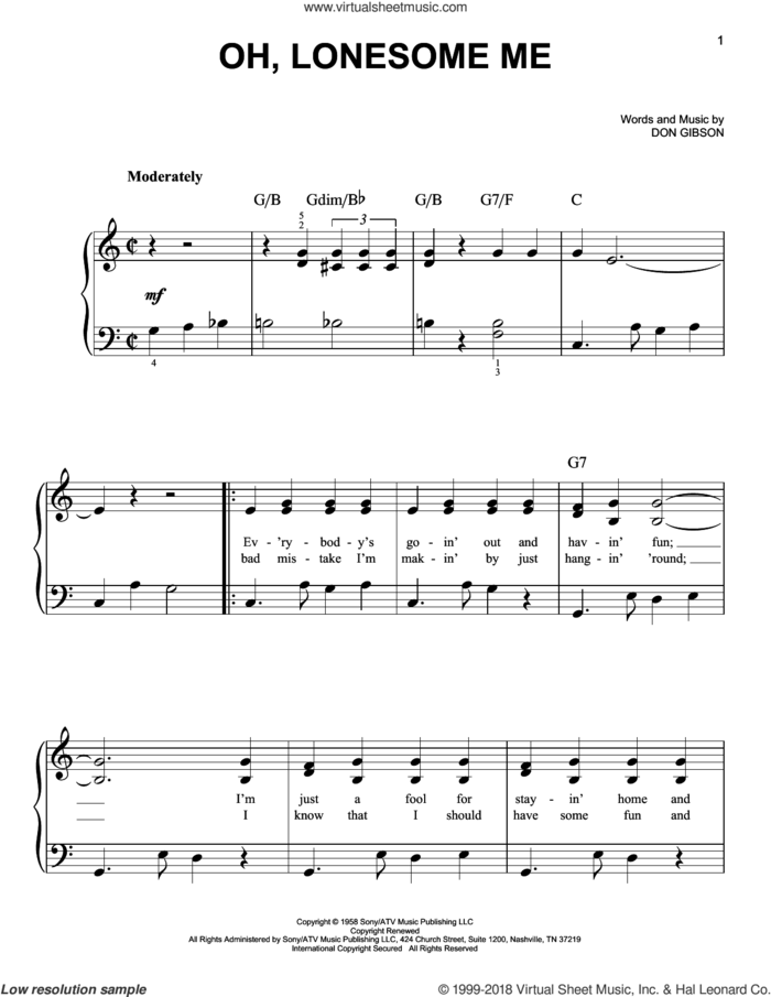 Oh, Lonesome Me, (beginner) sheet music for piano solo by Don Gibson and Neil Young, beginner skill level