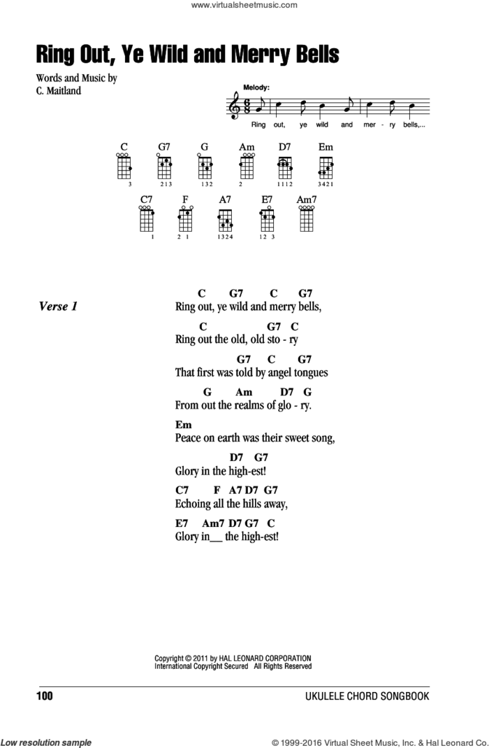 Ring Out, Ye Wild And Merry Bells sheet music for ukulele (chords) by C. Maitland, intermediate skill level