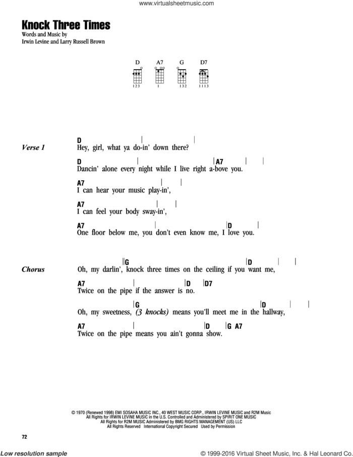Knock Three Times sheet music for ukulele (chords) by Dawn, Irwin Levine and L. Russell Brown, intermediate skill level