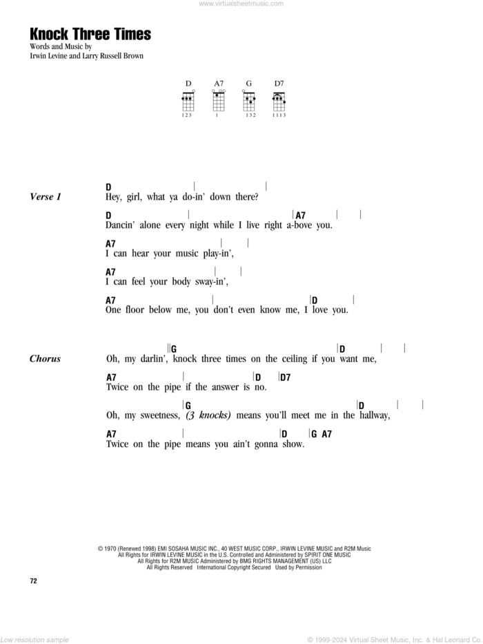 Knock Three Times sheet music for ukulele (chords) by Dawn, Irwin Levine and L. Russell Brown, intermediate skill level