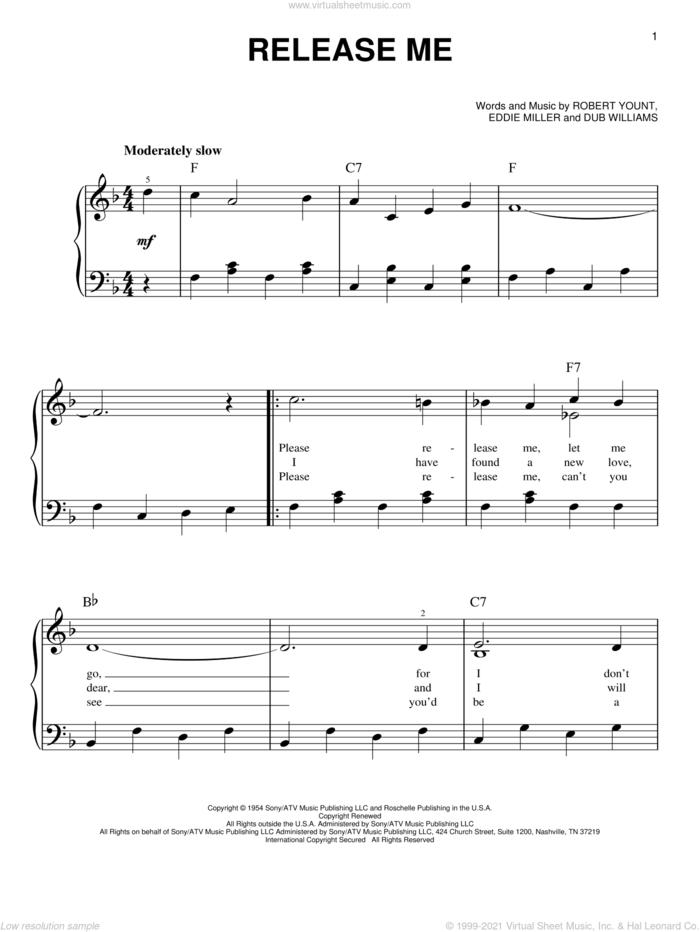 Release Me sheet music for piano solo by Robert Yount, Elvis Presley, Engelbert Humperdinck, Ray Price, Dub Williams and Eddie Miller, beginner skill level
